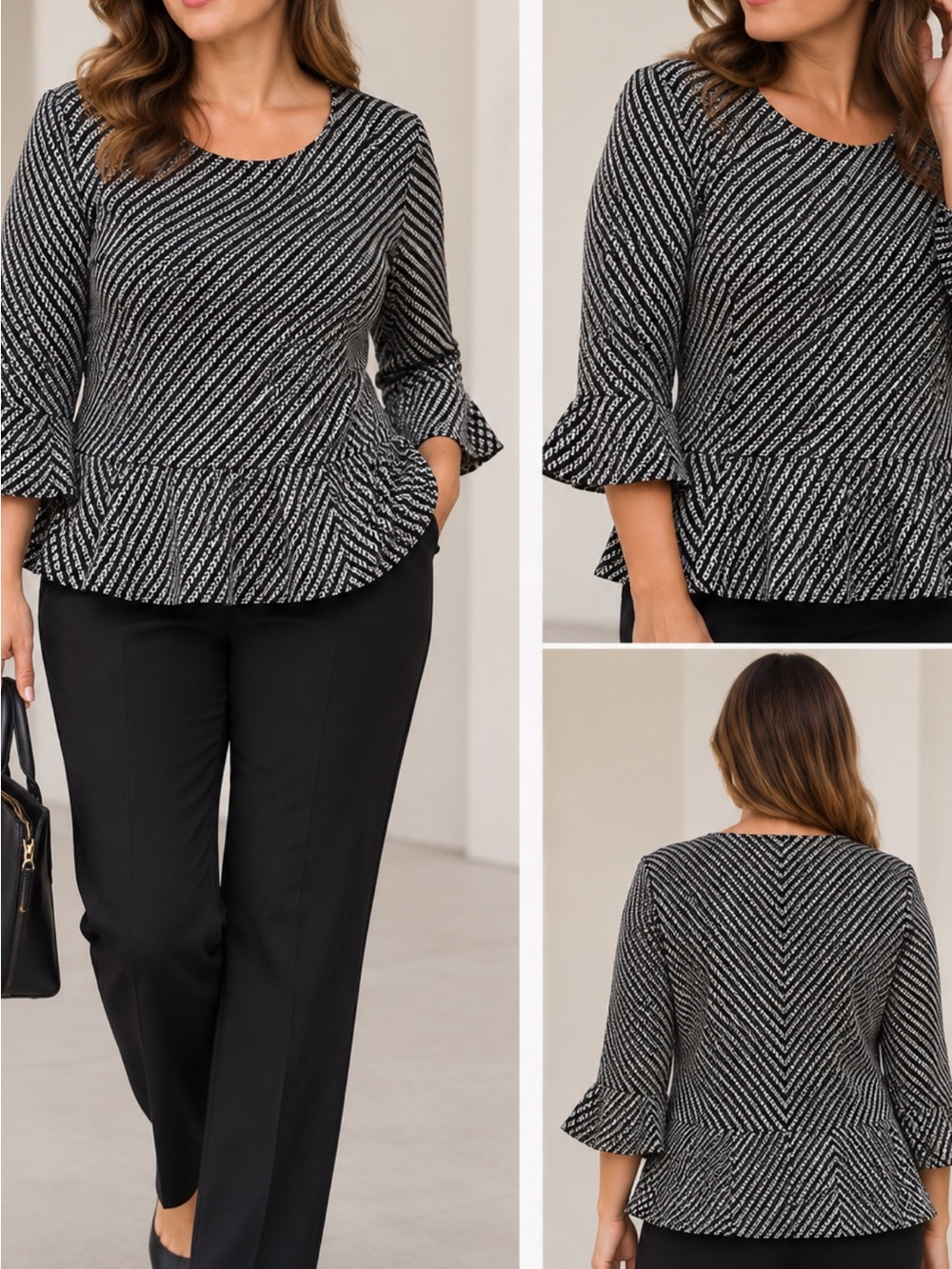Ann Taylor Black & White Chevron Peplum Blouse